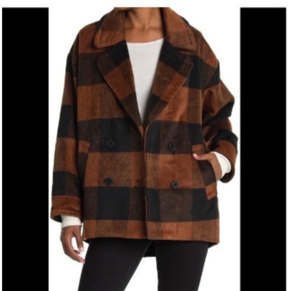 Halogen Jackets & Blazers - HALOGEN CHOCOLATE BROWN & TAN DOUBLE BREASTED BUFFALO PLAID PEA COAT SIZE MEDIUM